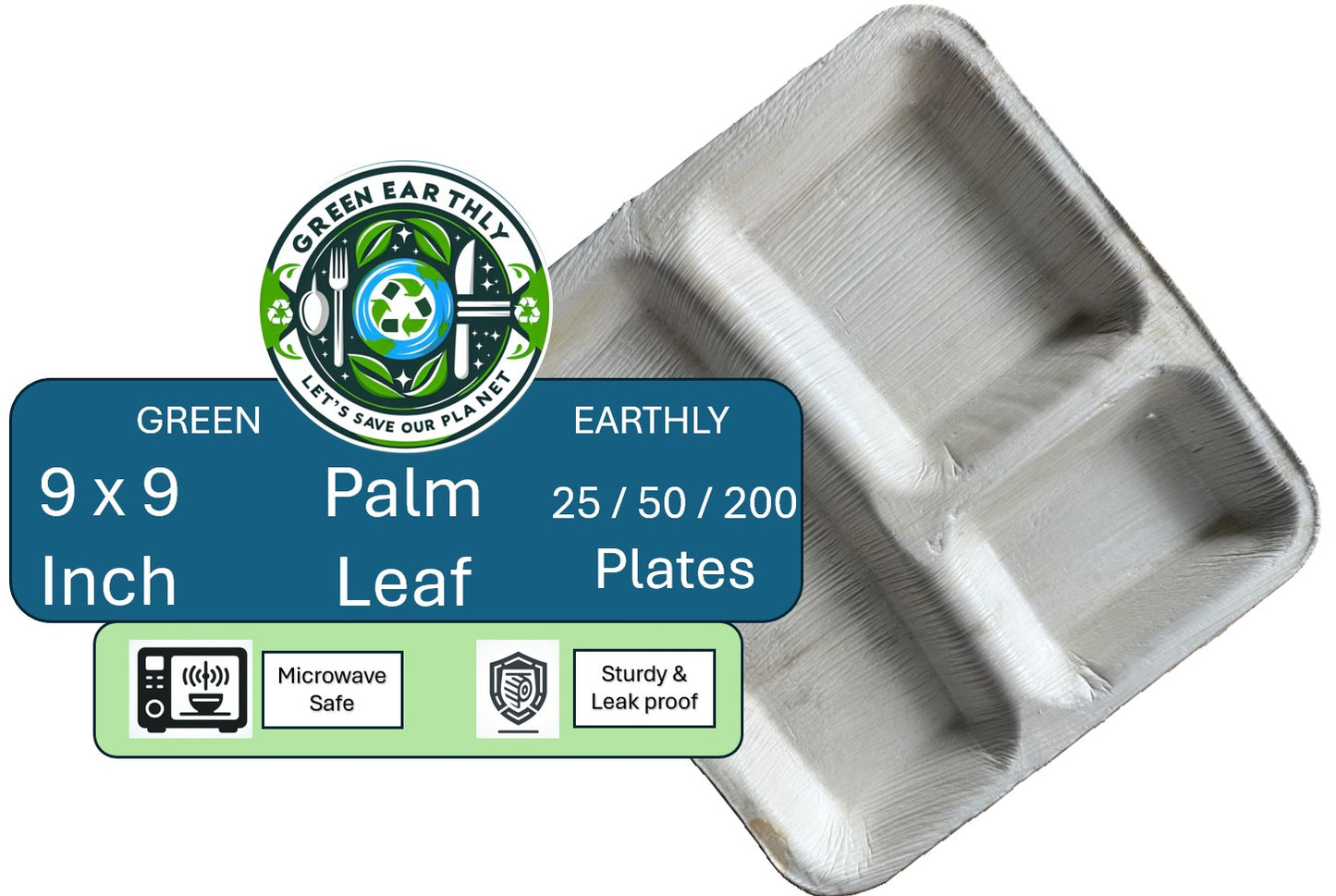 9" Square Palm Leaf Disposable 3 Compartment Dinner Plates