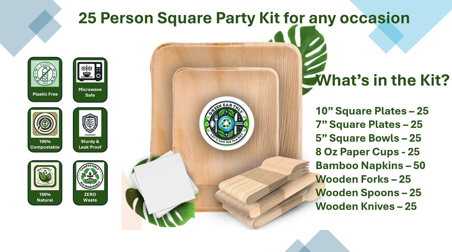 25 or 50 Person Palm Leaf Party Kit With 10" & 7" Plates, 5" Bowls, Paper Cups, Wooden Cutlery and Napkins