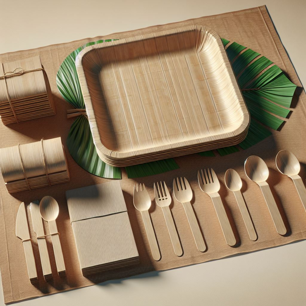 50 Person Palm Leaf Party Kit With 10" & 7" Plates, 5" Bowls, Paper Cups, Wooden Cutlery and Napkins