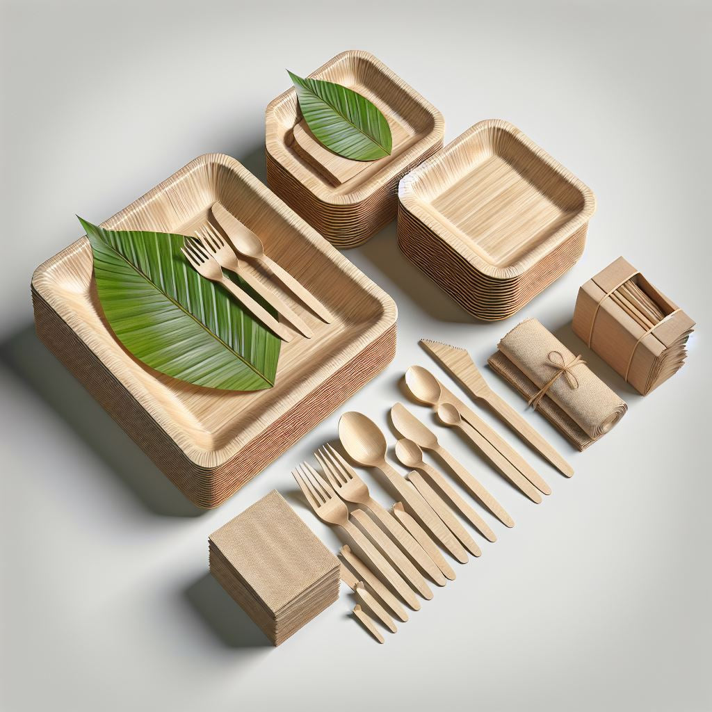 50 Person Palm Leaf Party Kit With 10" & 7" Plates, 5" Bowls, Paper Cups, Wooden Cutlery and Napkins