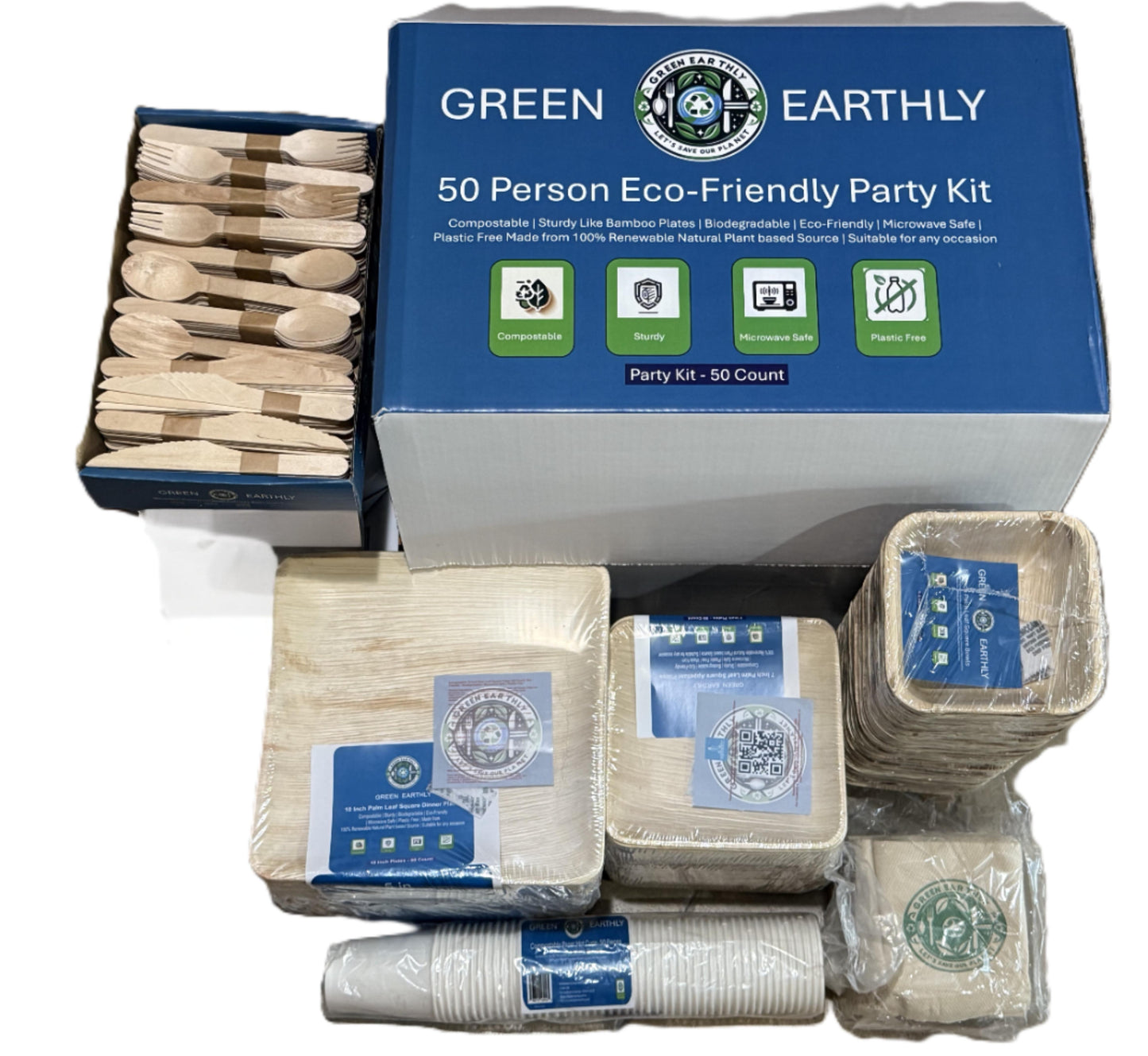 50 Person Palm Leaf Party Kit With 10" & 7" Plates, 5" Bowls, Paper Cups, Wooden Cutlery and Napkins