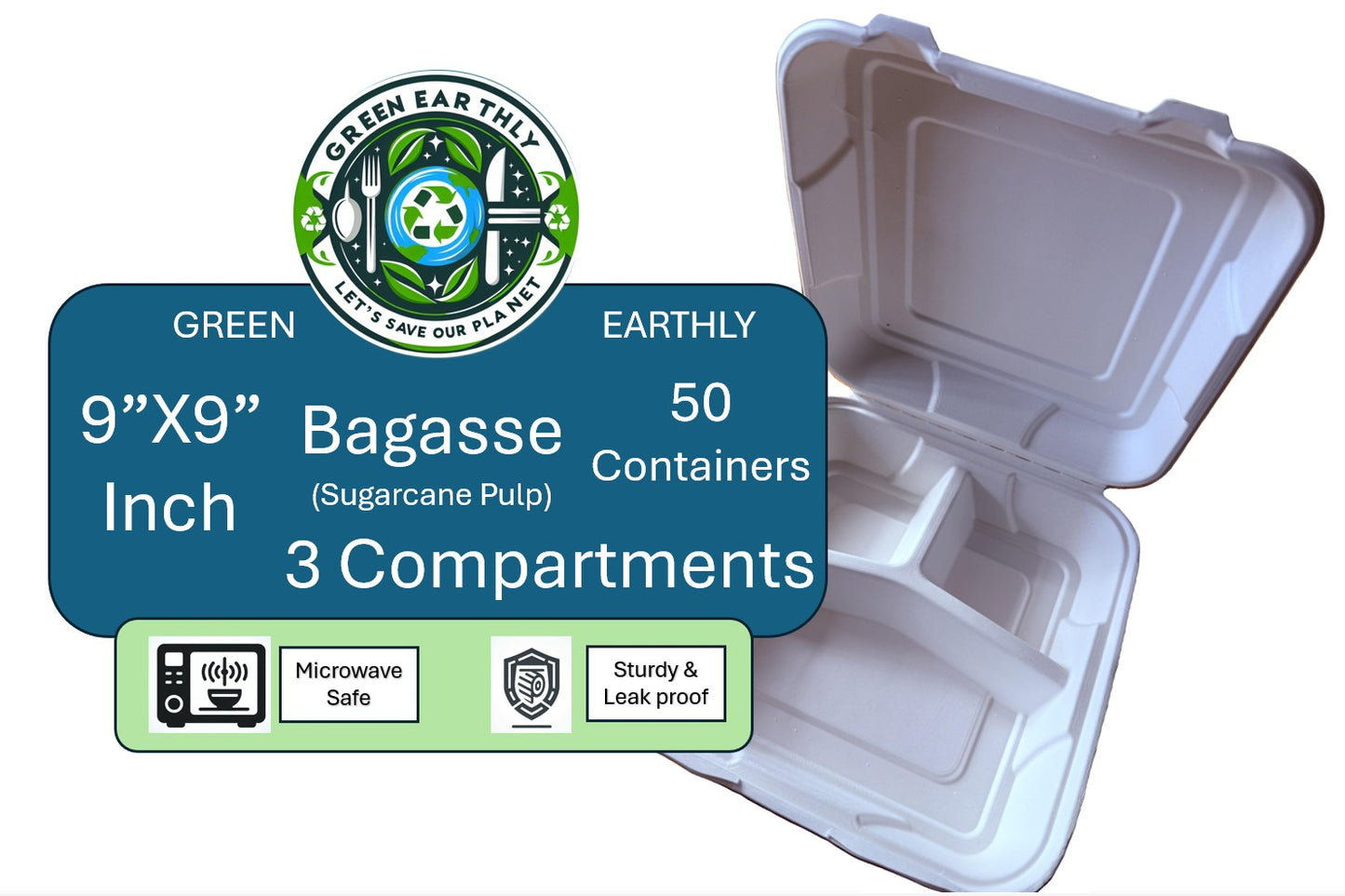Bagasse (Sugarcane pulp) 9" X 9" 3 Compartments Square Disposable Clamshell Food Container- 50/200 Pack