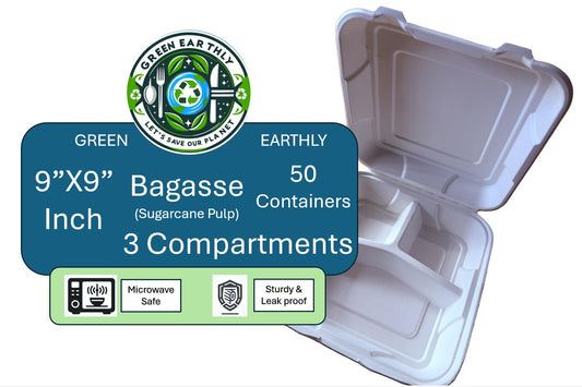Bagasse (Sugarcane pulp) 9" X 9" 3 Compartments Square Disposable Clamshell Food Container- 50/200 Pack