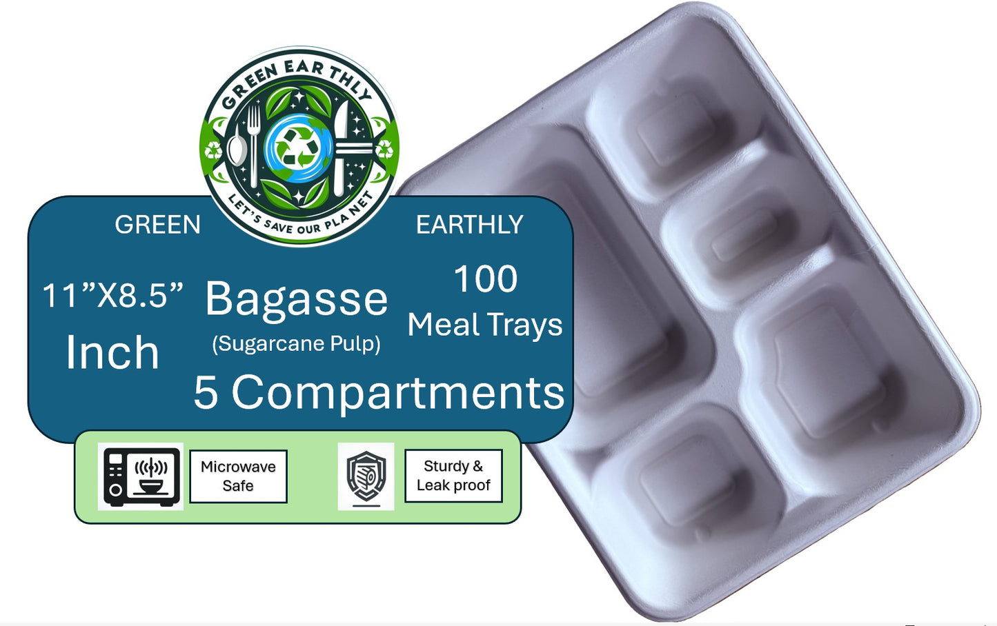 Bagasse (Sugarcane pulp) Disposable Lunch/Dinner Meal Trays- 100 Pack