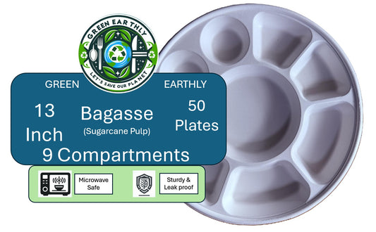 Bagasse (Sugarcane pulp) 13 Inch 9 Compartments Round Disposable Plates- 50/200 Pack