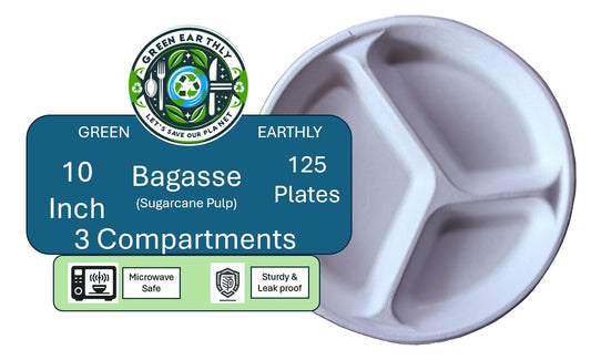 Bagasse (Sugarcane pulp) 10 Inch 3 Compartments Round Disposable Plates- 125/500 Pack