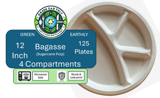 Bagasse (Sugarcane pulp) 12 Inch 4 Compartments Round Disposable Plates- 125/500 Pack