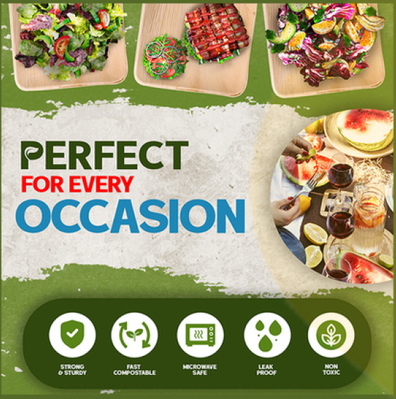 50 Person Palm Leaf Party Kit With 10" & 7" Plates, 5" Bowls, Paper Cups, Wooden Cutlery and Napkins